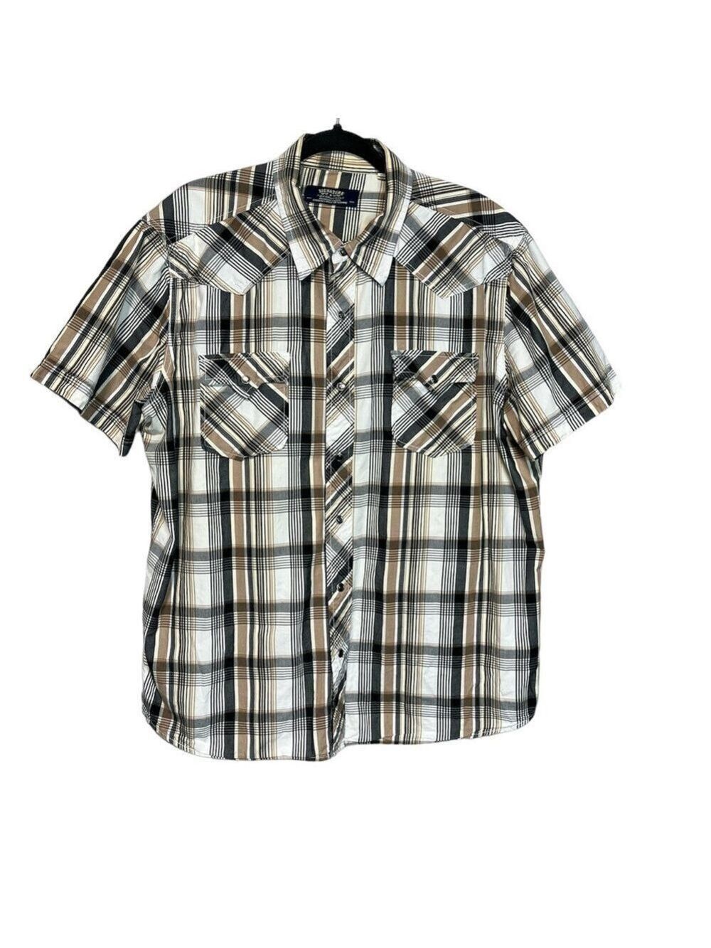 Levi’s Signature Brown & Beige Plaid Snap Front Short Sleeve Western Shirt, XL